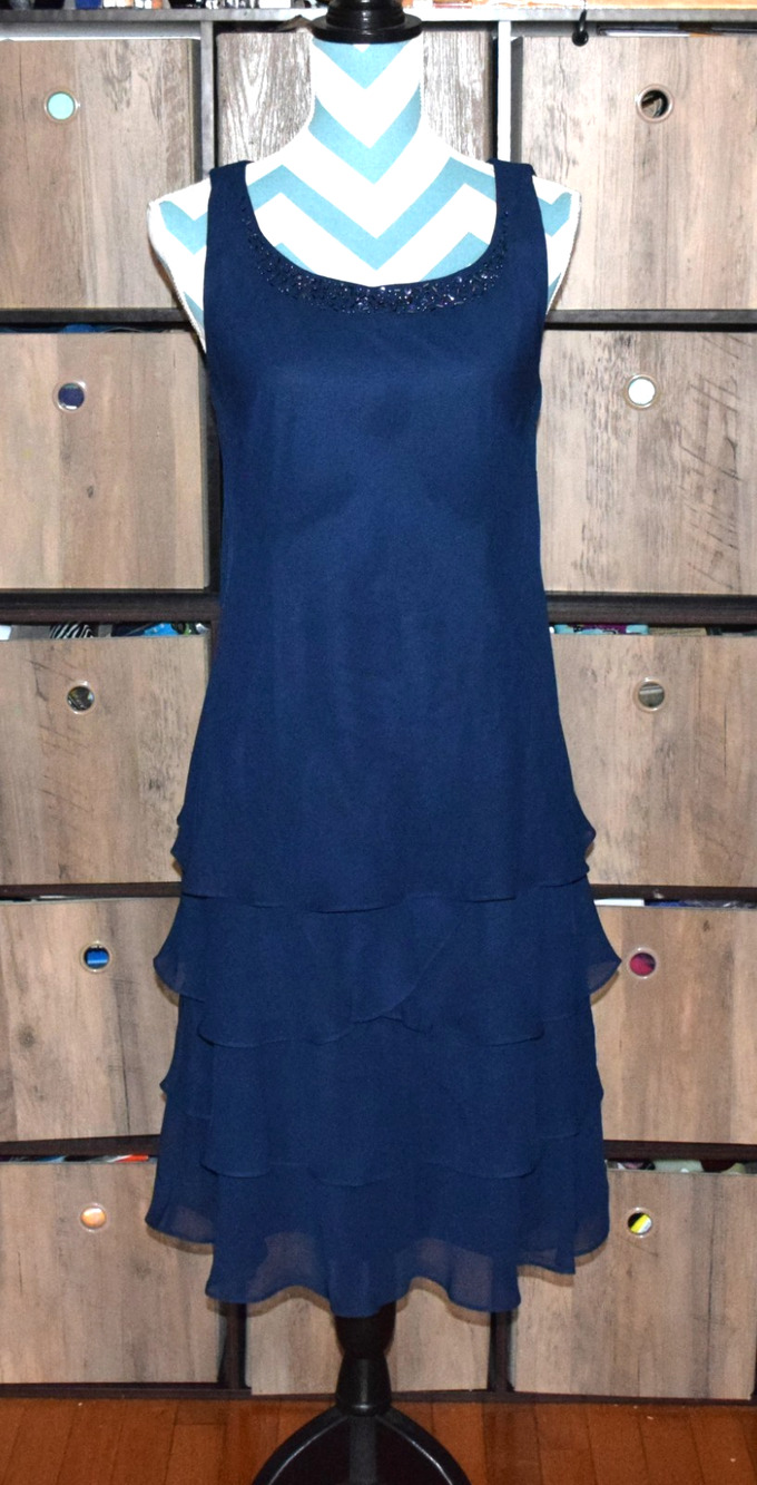 SLNY Womens Navy Blue Embellished Scoop-Neck Sleeveless Tiered-Hem Dress Size 8